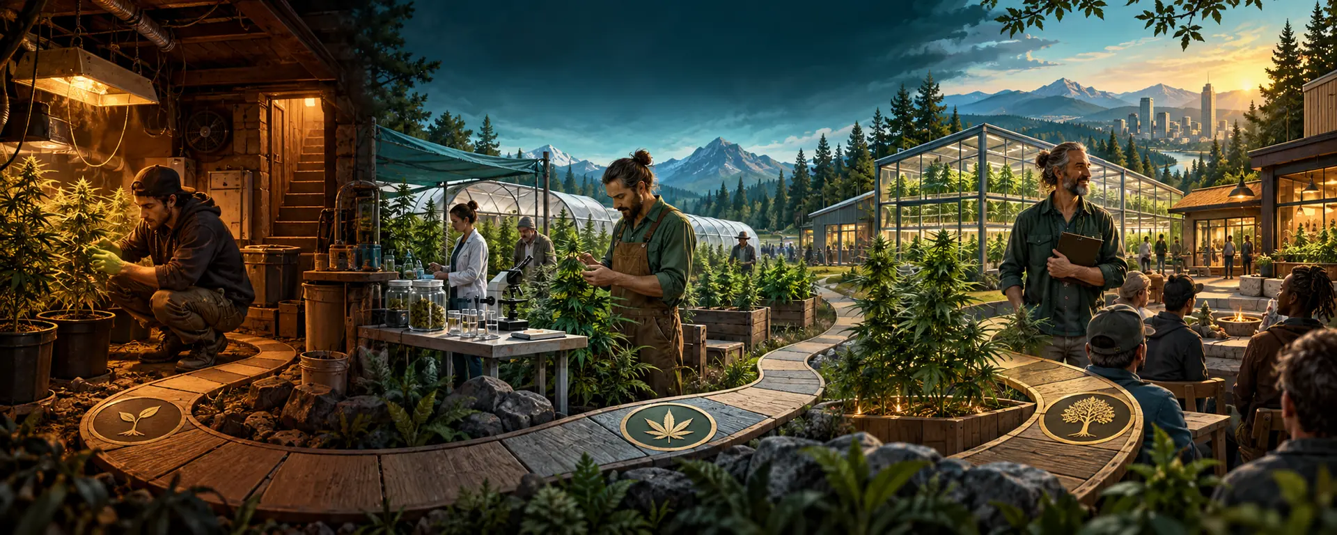 An illustrated career path progressing from an underground garden through the medical era to a modern legal greenhouse and community legacy